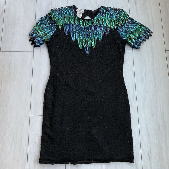 Stenay Vintage Dress 16 Sequins Silk Short Sleeve Beaded Peacock Design Cocktail - Picture 9 of 16